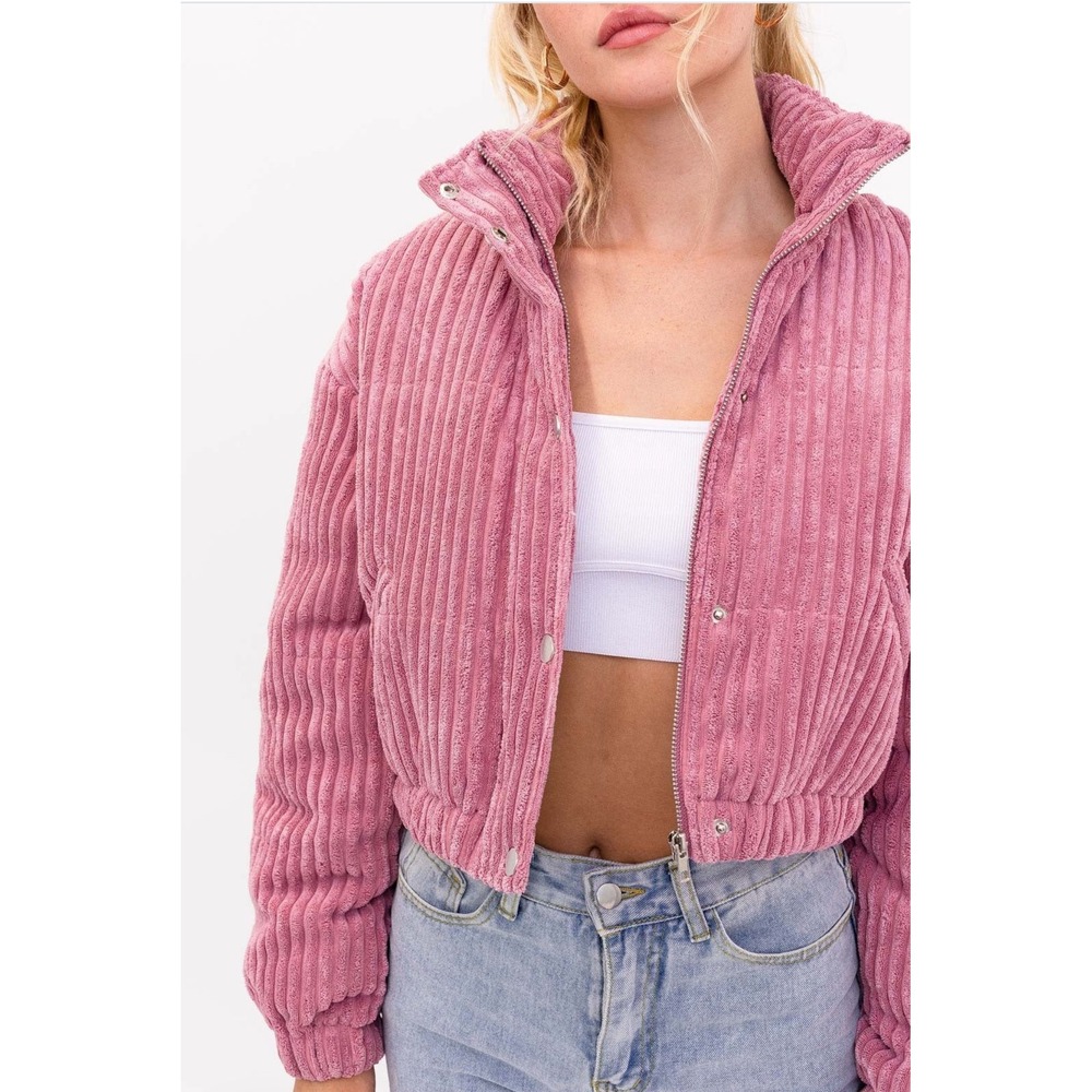 Le Lis Pink Corduroy Ribbed Cropped Jacket Womens Large‎ Zip Snap